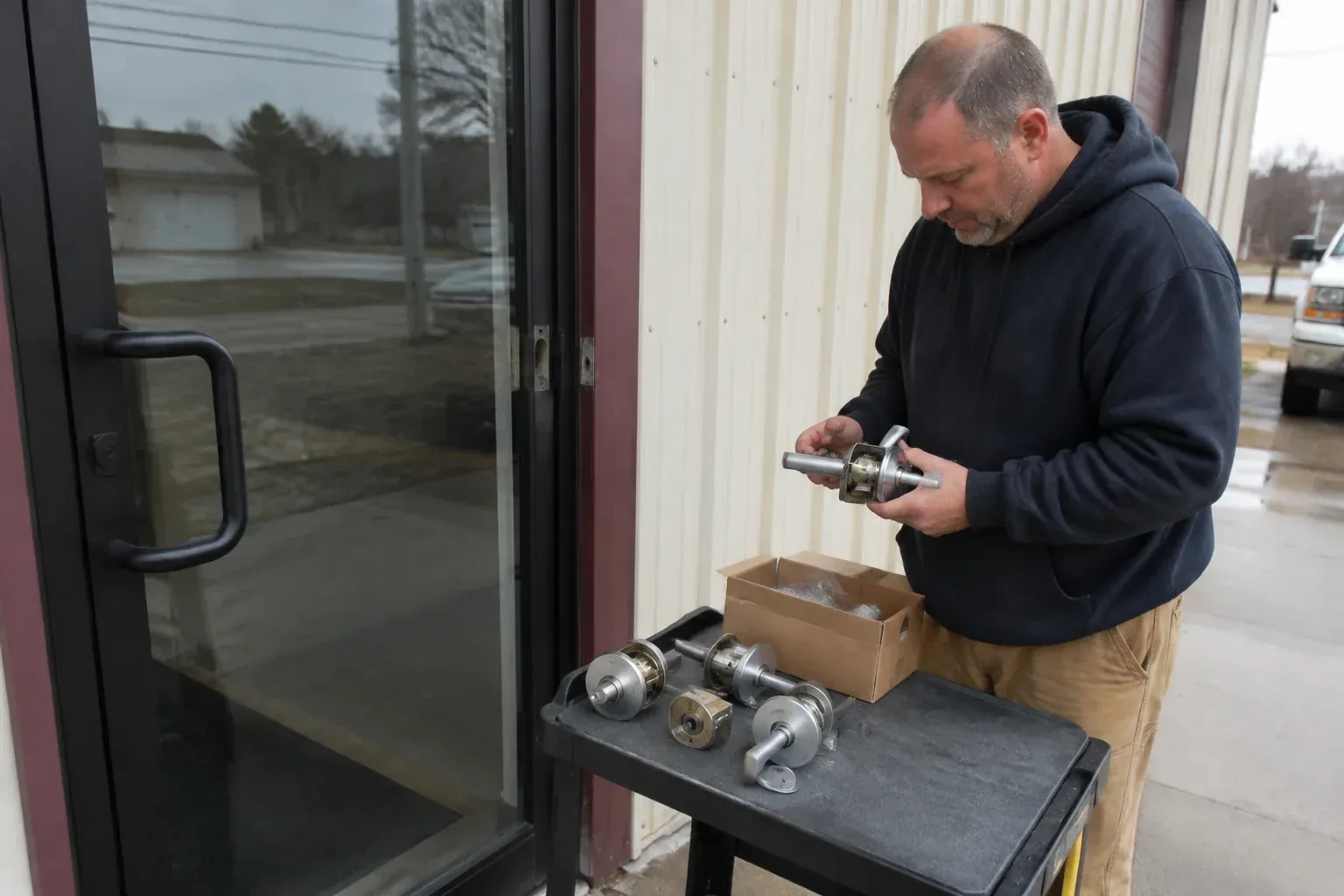 Person holding a door-handle assembly beside a glazed entrance, with more handle and lock components on a cart. — Commercial-Grade Lock Replacement, East Gwillimbury