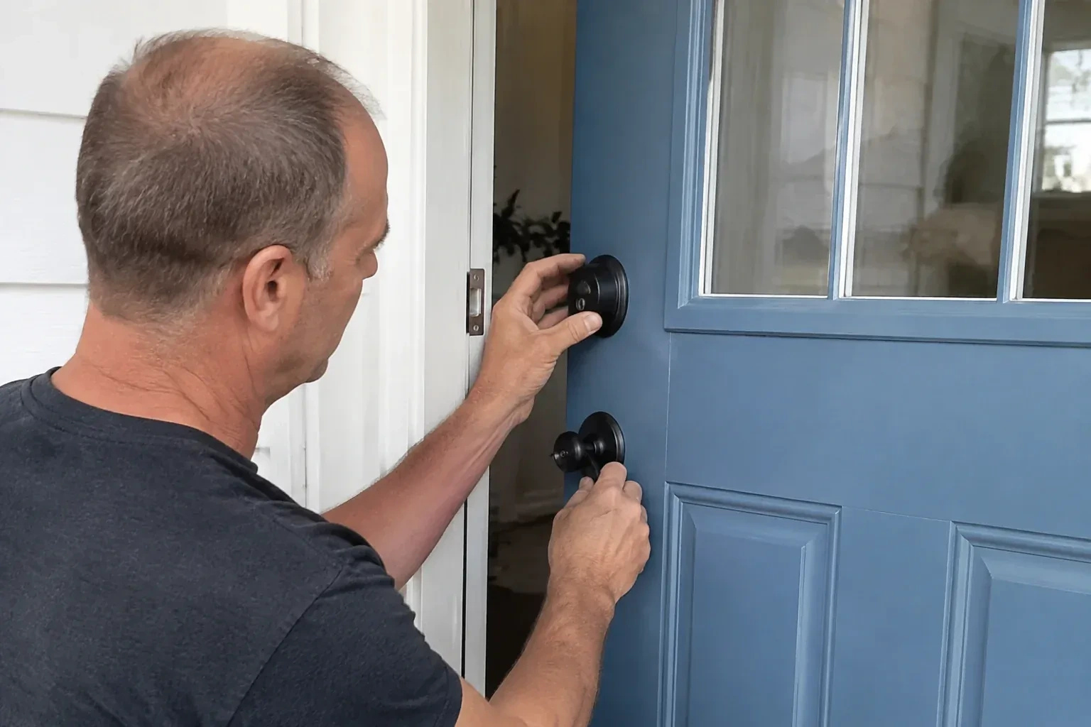 Person holding the black deadbolt and doorknob of a partly open blue front door. — Deadbolt Installation, East Gwillimbury