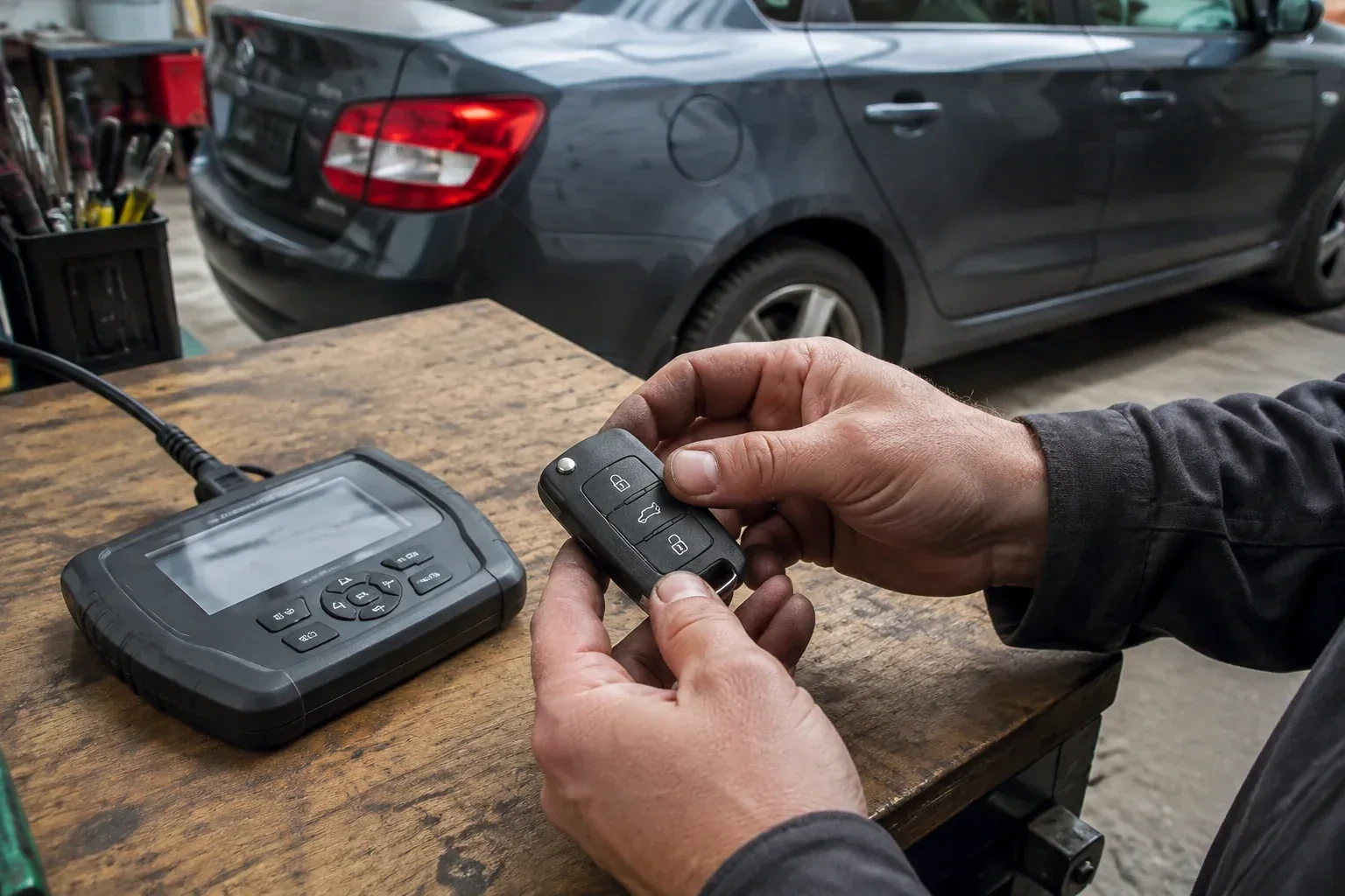 Hands holding a black car key fob above a workbench, beside a wired handheld device with a screen. — Car Key Replacement, East Gwillimbury