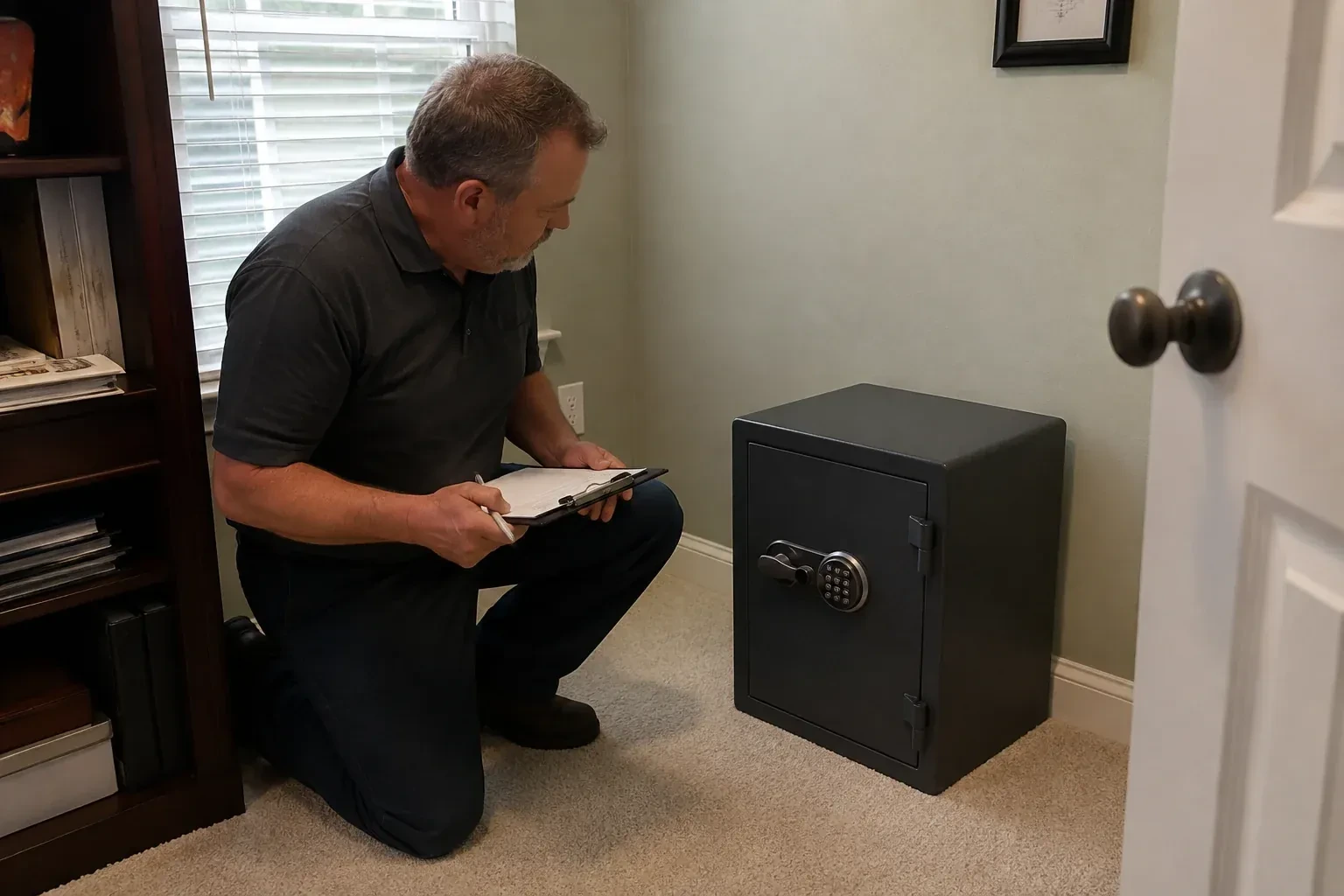 Person holding a clipboard beside a closed black safe with a circular keypad in a carpeted room. — Safe Installation & Servicing, East Gwillimbury