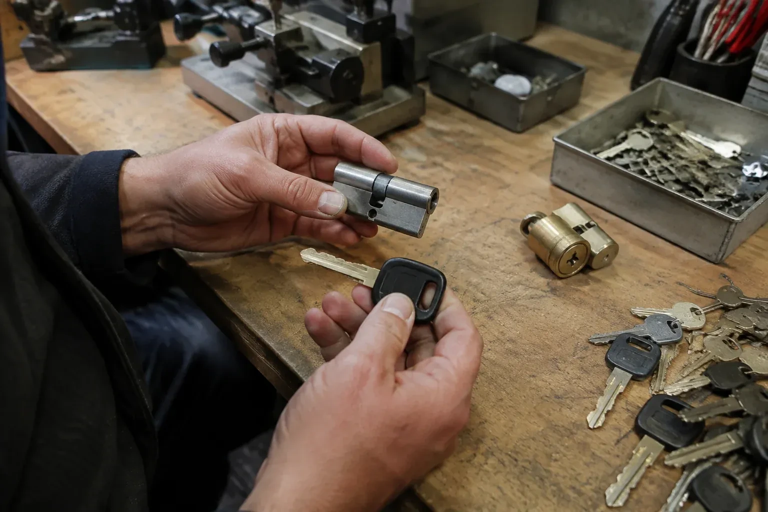 Hands holding a silver-colored lock cylinder and a black-headed key above a workbench with loose keys and another cylinder. — Spare Car Key Duplication, East Gwillimbury