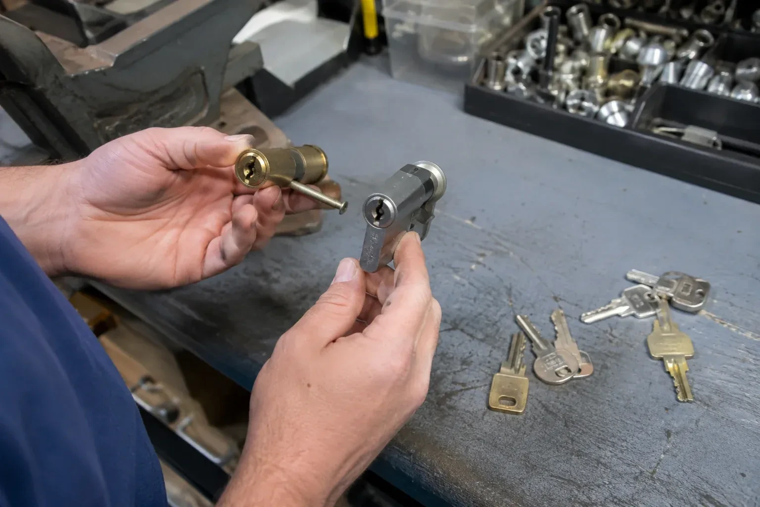 Hands comparing detached lock cylinders beside loose keys on a workbench. — Broken Key Extraction, East Gwillimbury