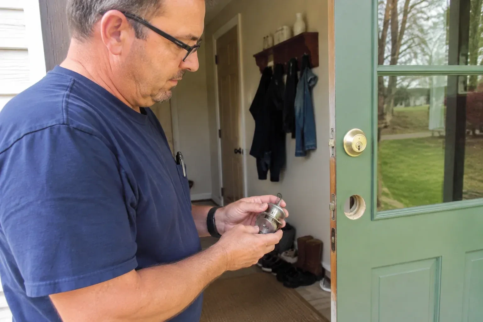 Person holding a cylindrical door-lock assembly beside an open green glazed door with its lower lock opening exposed. — Seized & Jammed Lock Opening, East Gwillimbury