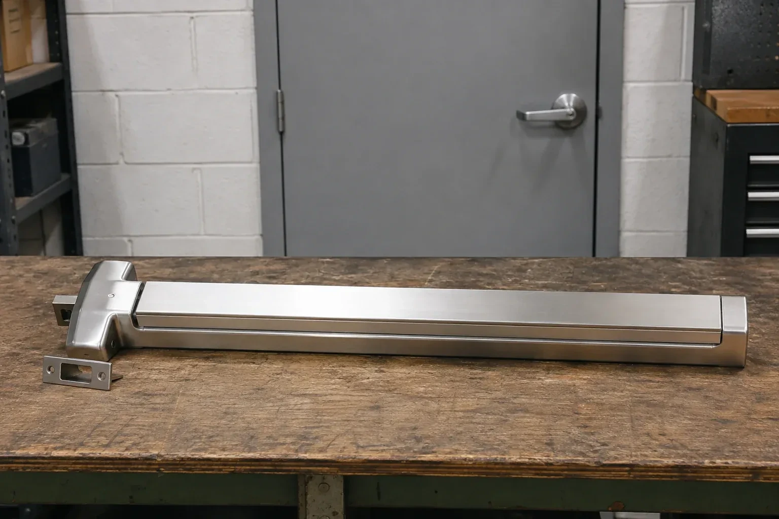 Detached horizontal exit device and separate strike component on a workshop bench. — Panic & Exit Hardware, East Gwillimbury