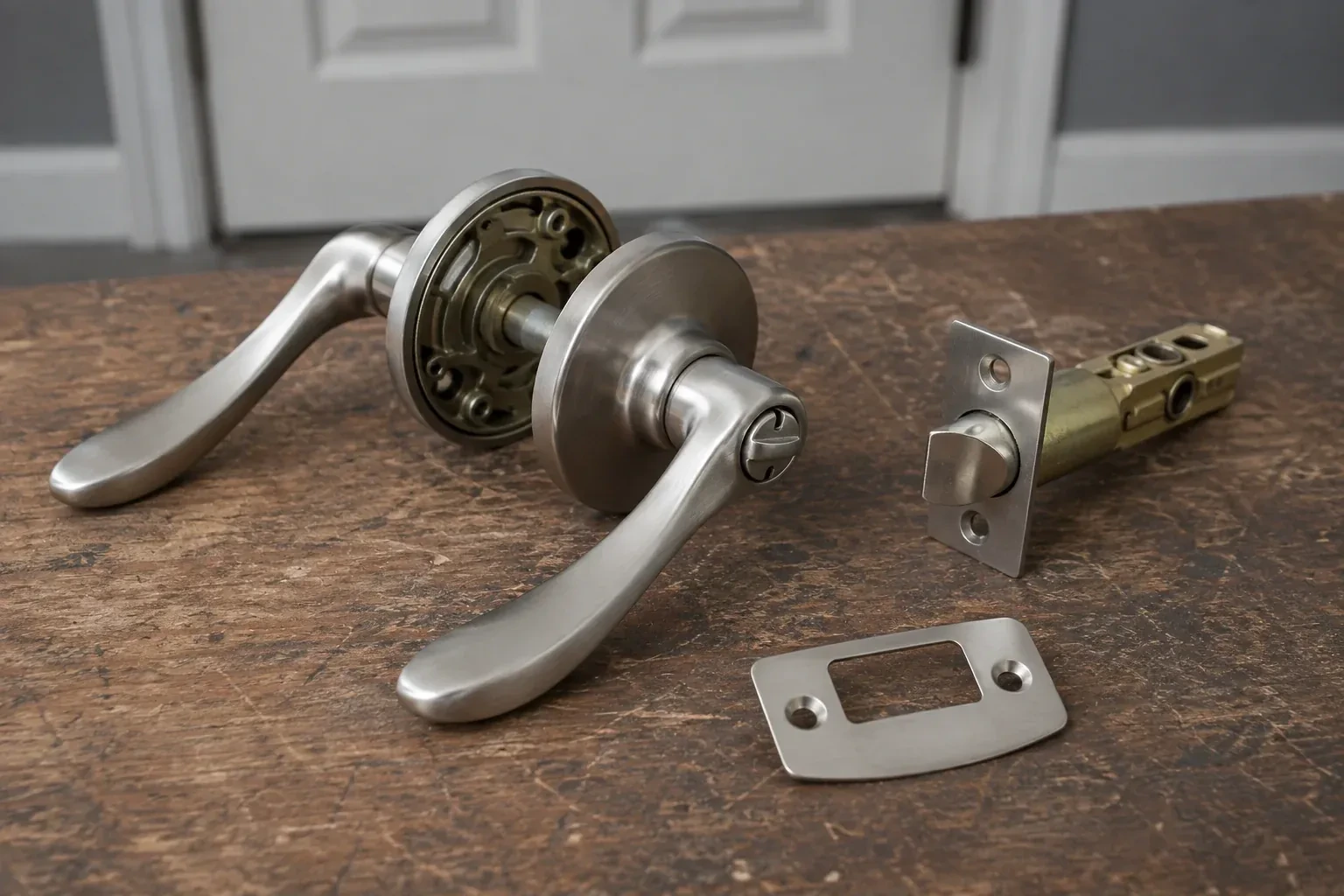 Detached satin-nickel lever hardware, tubular latch and strike plate on a wooden workbench. — Lock Replacement & Upgrade, East Gwillimbury
