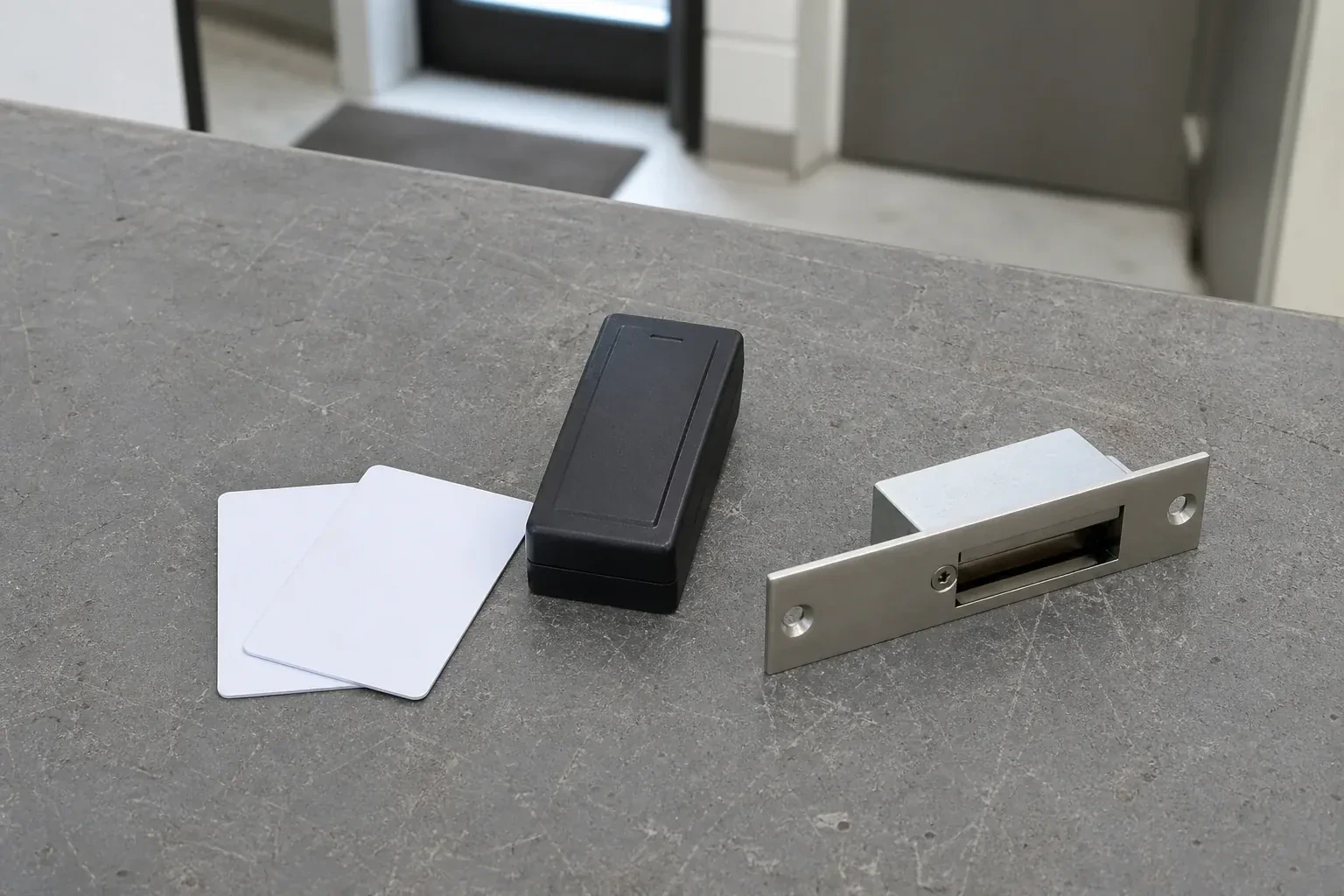 Detached card reader, two plain cards and an electric-strike component on a service bench. — Access Control Installation, East Gwillimbury