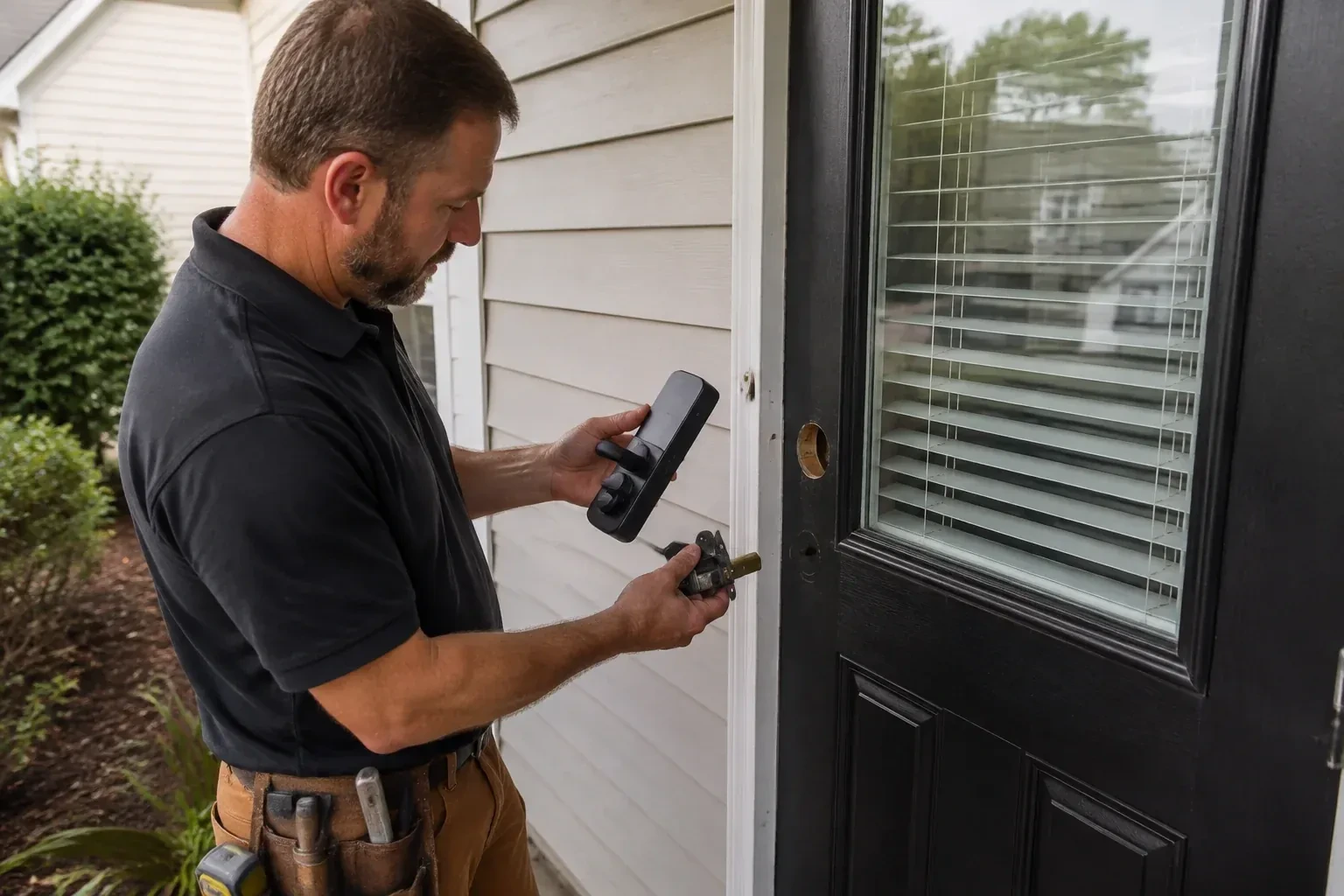Person holding a black door-handle assembly and a latch beside a glazed door with exposed lock openings. — Smart Lock Installation, East Gwillimbury