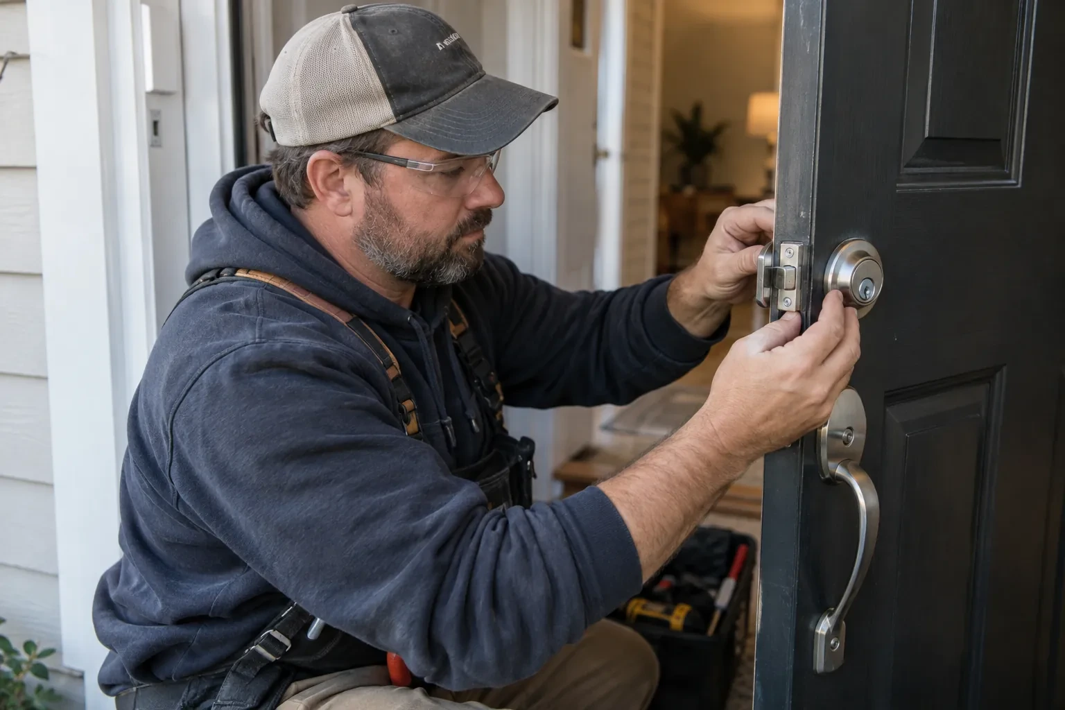 Technician in a cap and glasses holding a steel latch plate at the edge of a black door beside a deadbolt. — Sharon