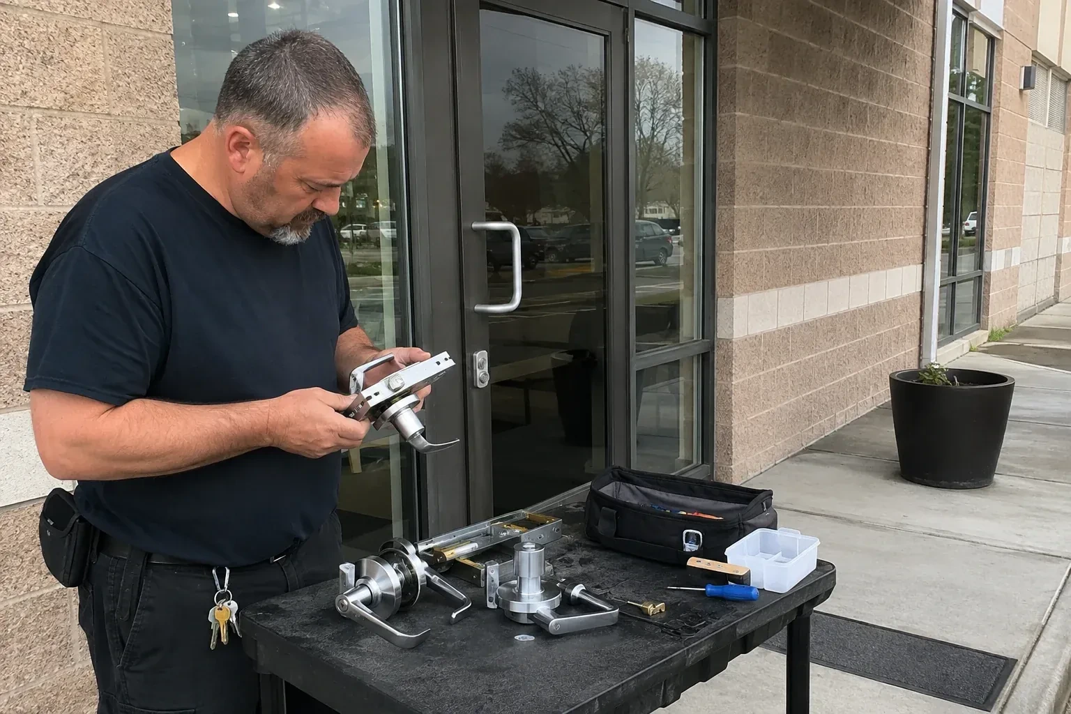 Person holding a door-handle and latch assembly at a worktable outside a glass entrance, with additional handles and tools laid out. — Commercial Rekeying, East Gwillimbury
