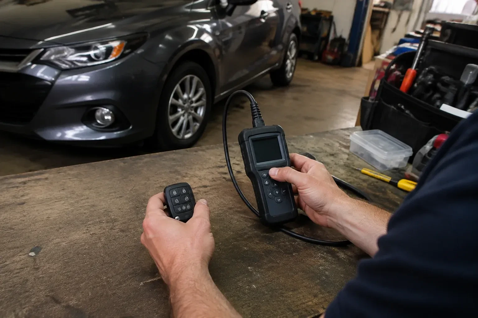 Hands holding a car-key fob and a small wired electronic device above a workbench in a garage with a parked car. — Key Fob Programming, East Gwillimbury
