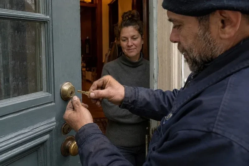 Person holding a key beside a brass-colored deadbolt on an open painted door while another person watches from inside. — Home Lockout Service, East Gwillimbury