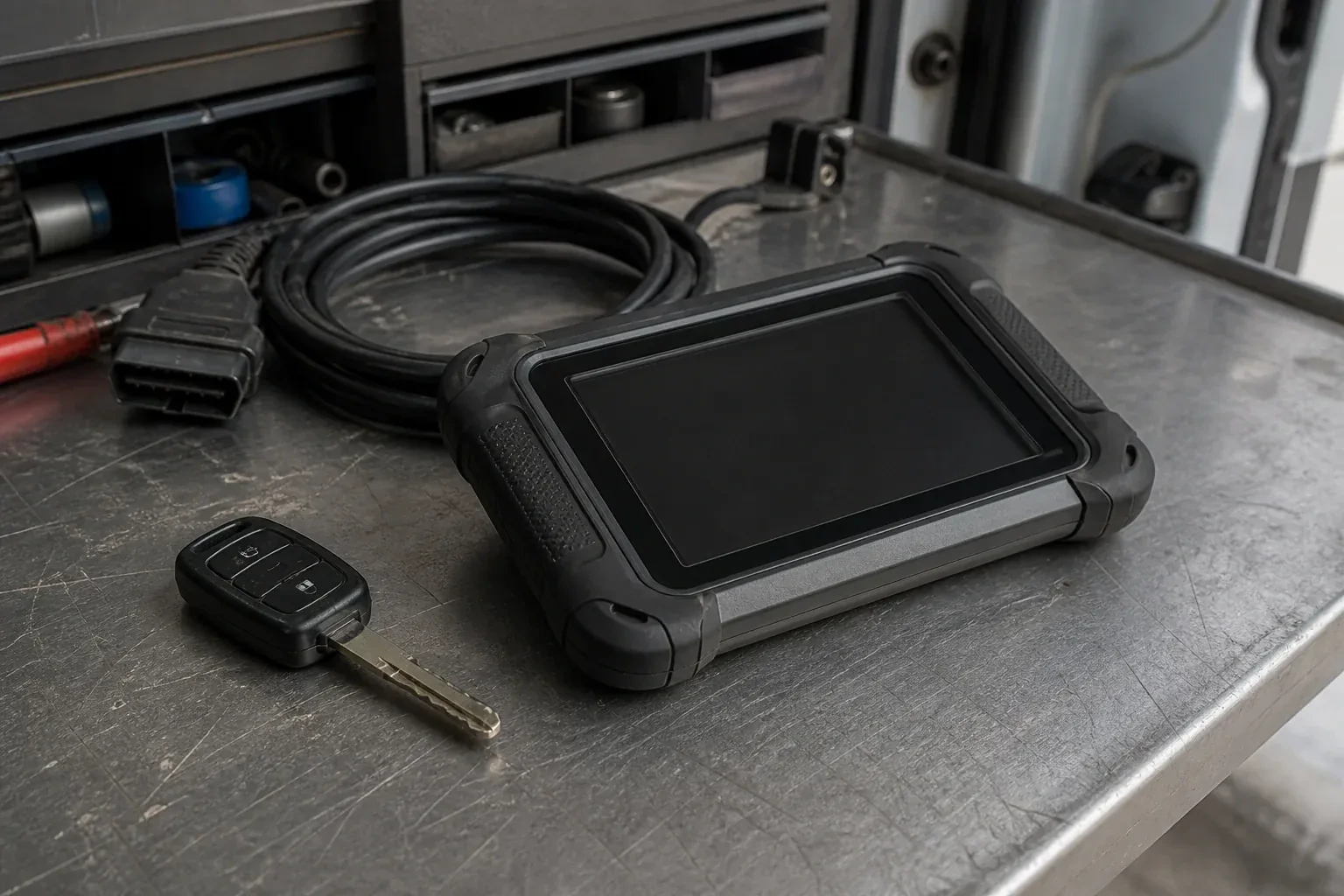 Vehicle key beside a dark diagnostic tablet and coiled connector cable on a workbench. — Transponder Key Programming, East Gwillimbury