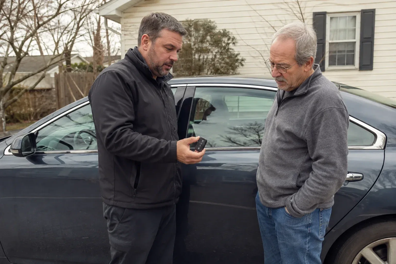 Two people beside a dark sedan, one holding up a black key fob. — Car Lockout Service, East Gwillimbury