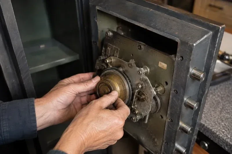 Hands holding a round metal component against the exposed mechanism inside an open safe door. — Safe Opening & Combination Change, East Gwillimbury