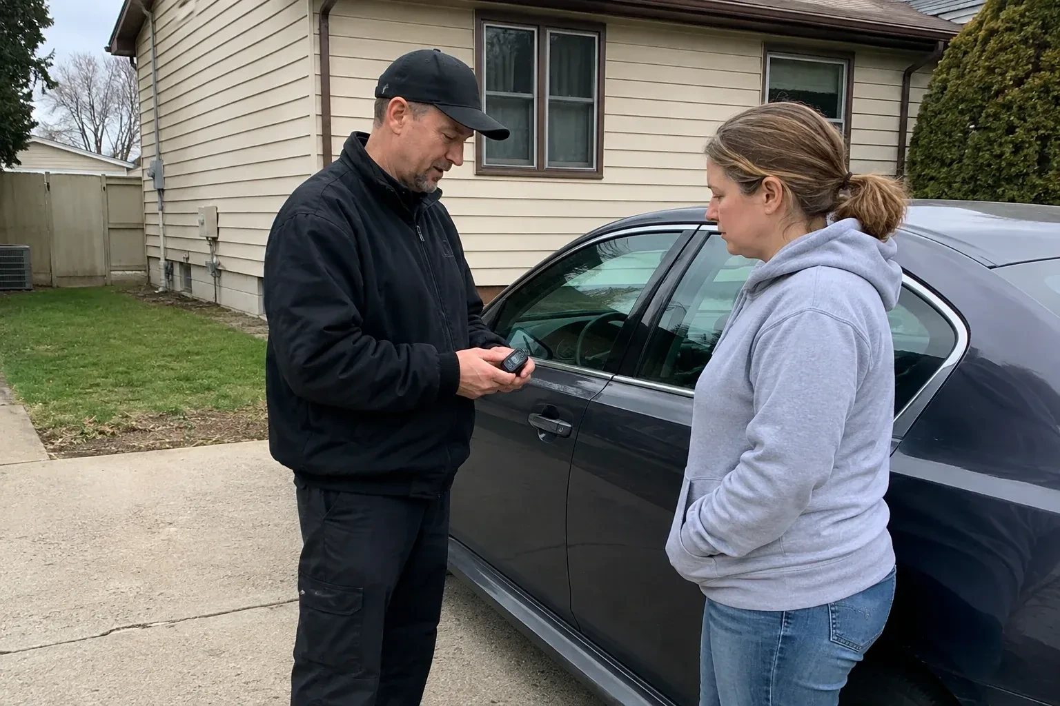 Two people standing beside a parked sedan, one wearing a cap and holding a small black device. — Vehicle Lock Repair, East Gwillimbury
