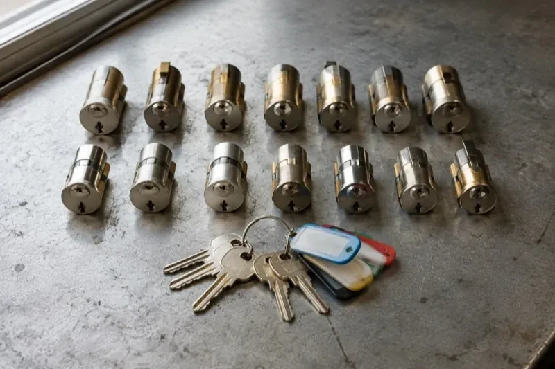 Two rows of lock cylinders on a metal surface with keys and colored key tags in front. — Master Key System Design, East Gwillimbury